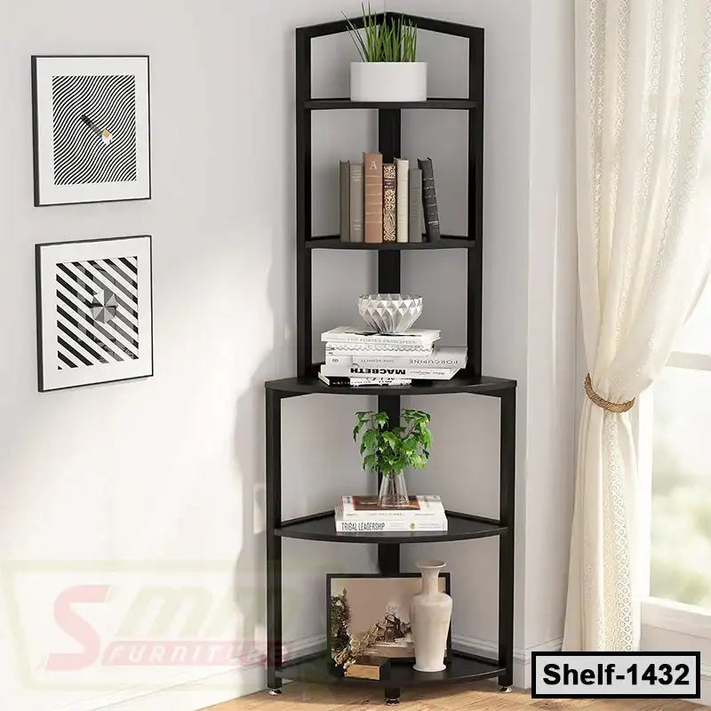 Modern black corner shelf with books, plants, and decor in a bright living room Main image