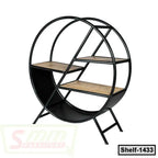 Modern round metal shelf with wooden tiers for home or office storage and display
