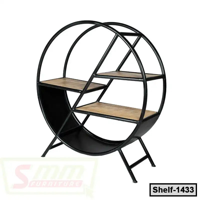Modern round metal shelf with wooden tiers for home or office storage and display