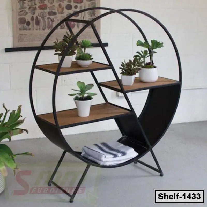 Modern round metal and wood display shelf with houseplants and towels, ideal for home or office Main image