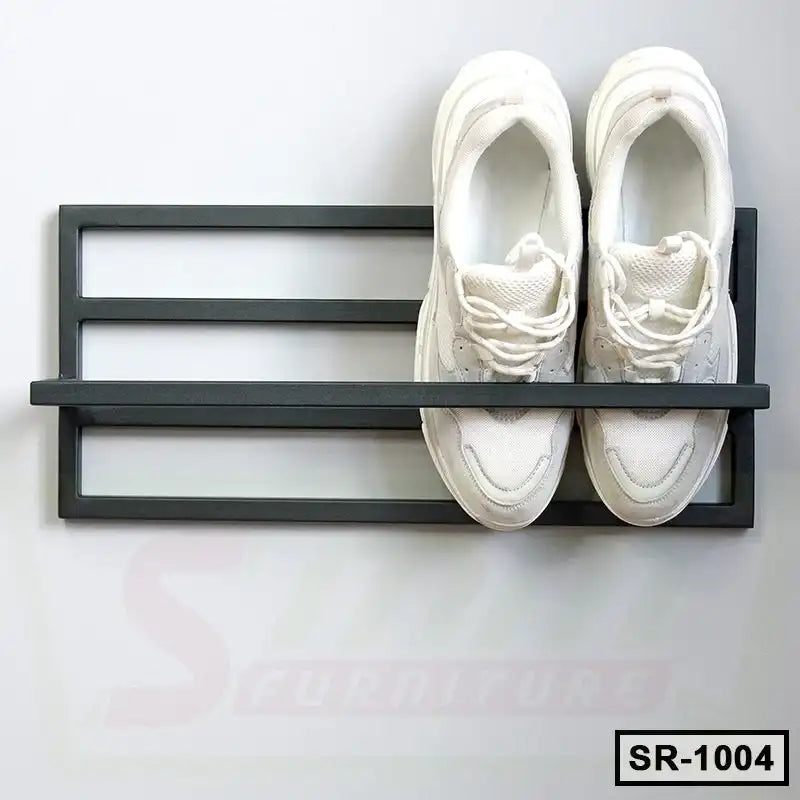 Wall-mounted black metal shoe rack with a pair of white sneakers, model SR-1004 Main image
