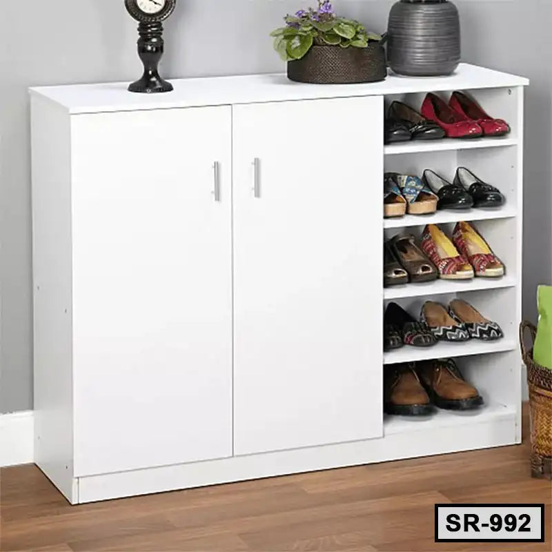 Modern white wooden shoe rack cabinet with shelves, shoes, and home decor items Main image