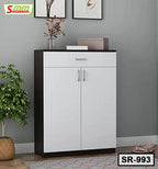 Modern white and dark wood shoe rack SR-993 with cabinet doors in a living room setting