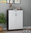 Modern white and dark wood shoe rack SR-993 with cabinet doors in a living room setting