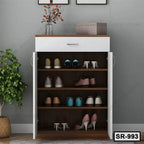 Modern wooden shoe rack cabinet with multiple shelves, shoes, and a drawer in a home interior