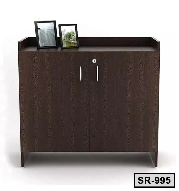 Modern dark wood shoe cabinet with double doors, lock, and framed photos on top Main image