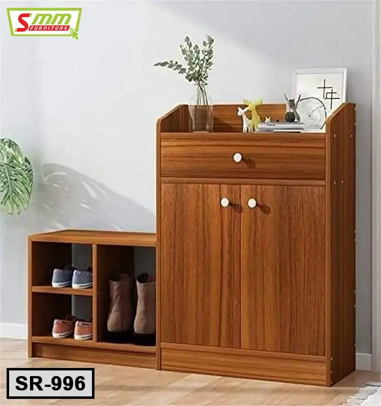 Wooden shoe rack with multiple storage shelves and a cabinet in a modern room setting