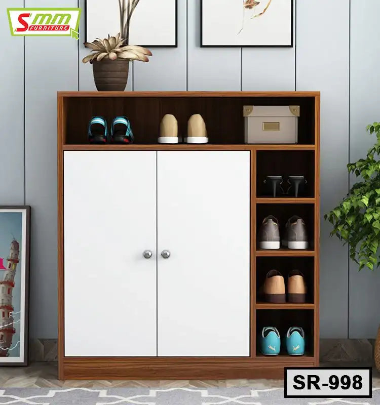 Modern wooden shoe rack with white doors, multiple shelves, and shoes organized neatly. Main image