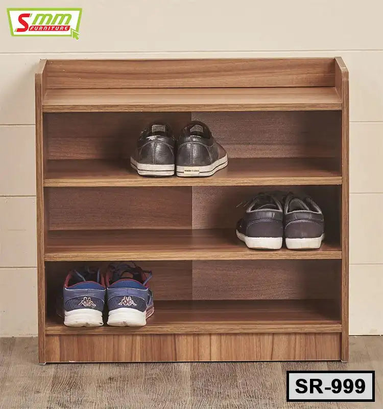 Wooden shoe rack with three shelves holding sneakers, modern home furniture for entryway Main image