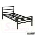Single steel bed frame with black metal slats and headboard, ideal for modern bedrooms.