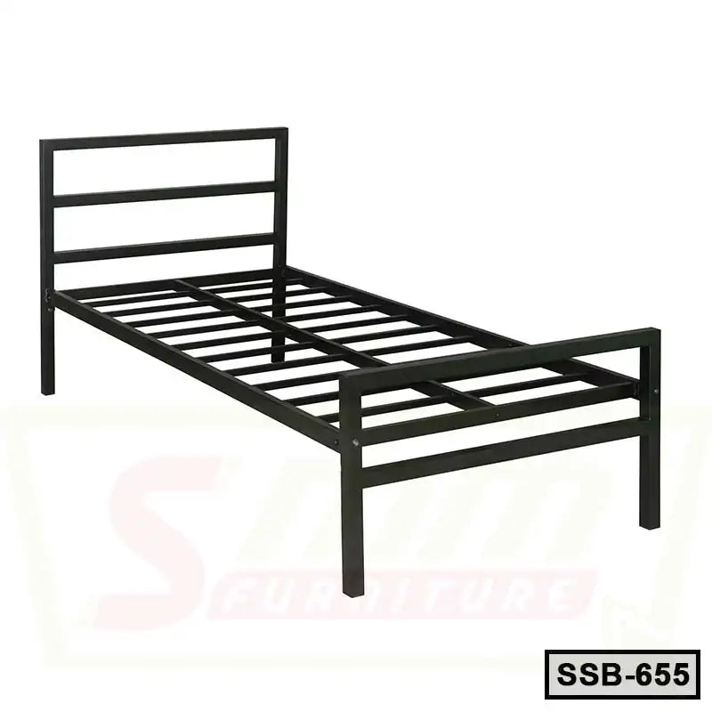 Single steel bed frame with black metal slats and headboard, ideal for modern bedrooms.