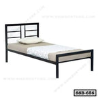 Modern single steel bed with headboard and footboard, minimal design, mattress and pillow