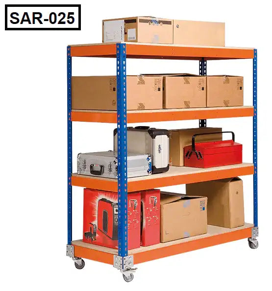 Slotted angle rack with four shelves on wheels holding cardboard boxes and tool cases. Main image