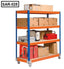 Slotted angle rack with four shelves on wheels holding cardboard boxes and tool cases.