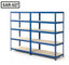 Blue slotted angle rack with four shelves, heavy-duty metal storage shelving unit