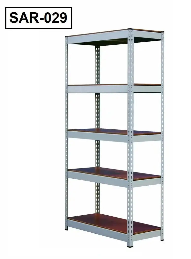 Five-tier slotted angle rack with metal frame and wooden shelves, model SAR-029
