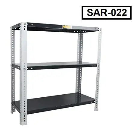 Slotted angle rack with three black metal shelves, model SAR-022, for storage organization