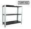 Slotted angle rack with three black metal shelves, model SAR-022, for storage organization