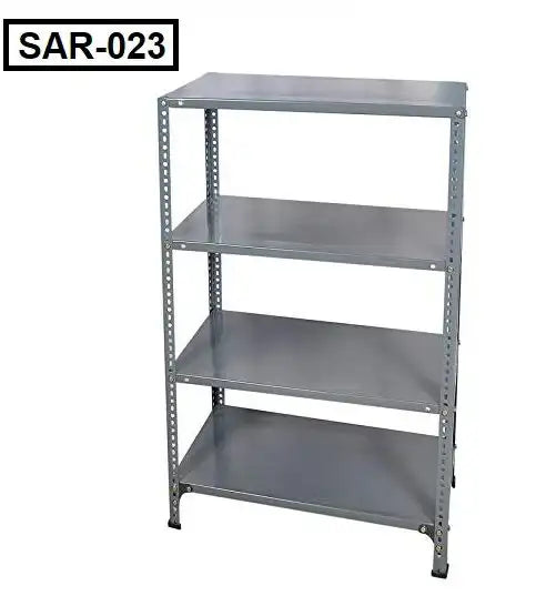 Four-tier slotted angle rack with metal shelves for industrial storage or warehouse use Main image