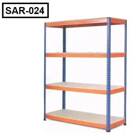 Slotted angle rack with four shelves, metal frame, orange beams, blue vertical supports Main image