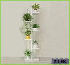Modern indoor plant stand with small green potted plants against a light wall