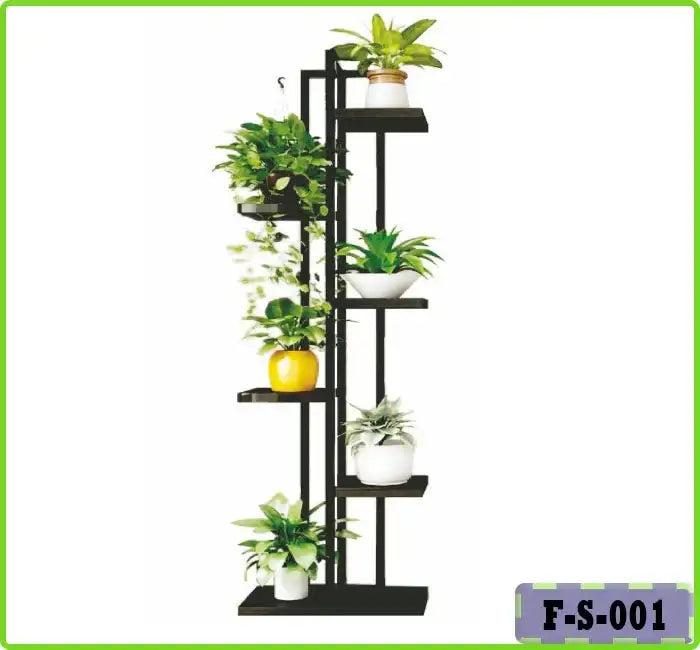 Modern black plant stand displaying small indoor potted plants for home decor