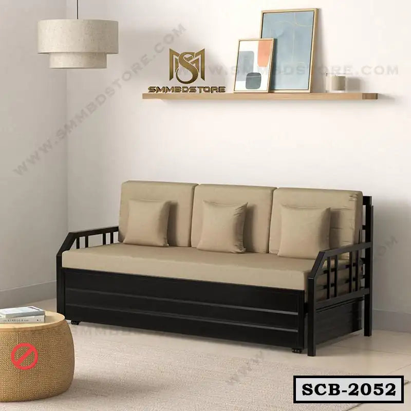 Modern sofa cum bed with beige cushions and black metal frame in a minimalist living room Main image