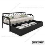 Modern black metal sofa cum bed with pull-out trundle and patterned cushions