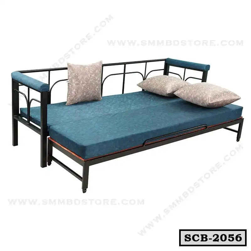 Modern metal sofa cum bed with blue mattress and three patterned pillows, SCB-2056 model Main image