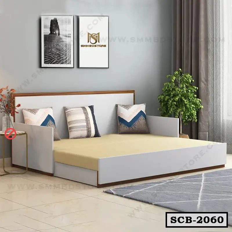 Modern sofa cum bed with cushions in a bright living room, ideal for home furniture in Bangladesh. Main image