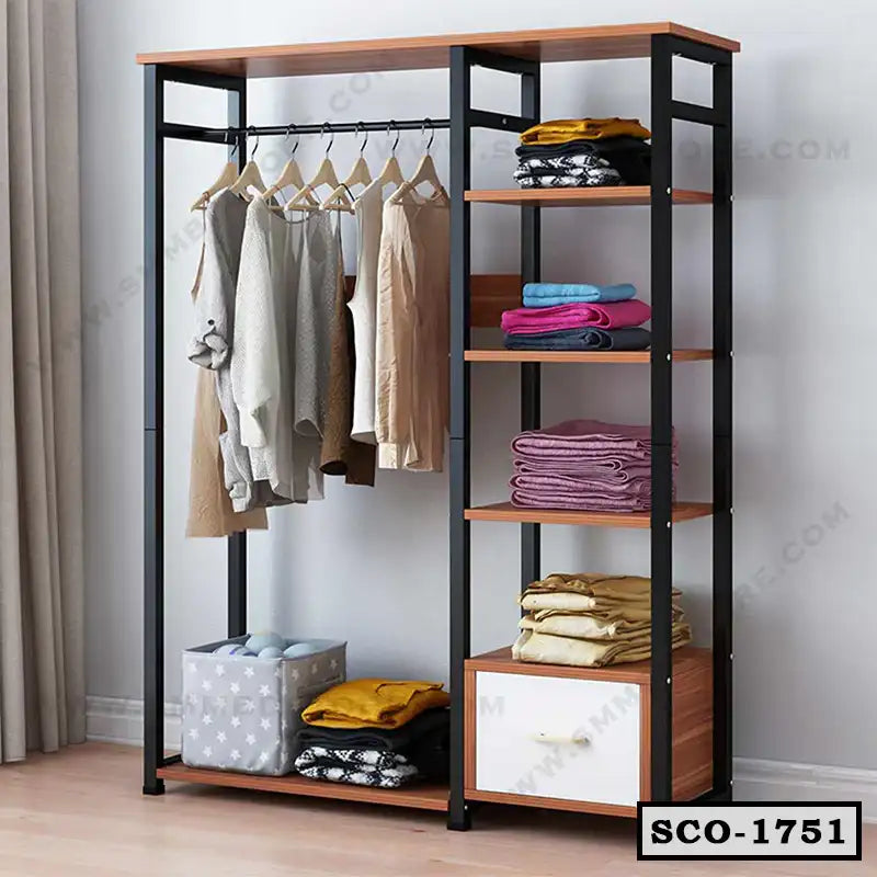 Standing closet organizer with shelves, hanging rod, and storage drawer for clothes. Main image