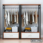Double standing closet organizer with hanging clothes, drawers, and storage bins