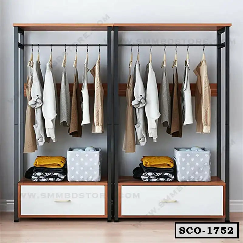 Double standing closet organizer with hanging clothes, drawers, and storage bins