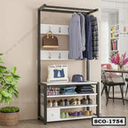 Standing closet organizer with hanging rod, shelves for shoes, and storage hooks in a modern room