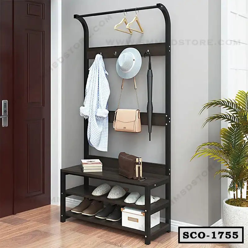 Modern standing closet organizer with shelves, hooks, and storage in entryway Main image