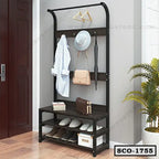 Modern standing closet organizer with shelves, hooks, and storage in entryway