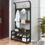 Modern standing closet organizer with shelves, hooks, and storage in entryway