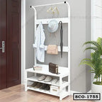 White standing closet organizer with hooks, shelves, shoe storage, and coat rack in entryway