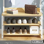 Standing closet organizer with shelves, shoes, storage box, books, and a brown bag