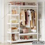 Standing closet organizer with shelves and hanging rod, displaying clothes, shoes, and storage boxes