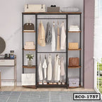 Modern standing closet organizer with shelves, hanging clothes, bags, and storage boxes