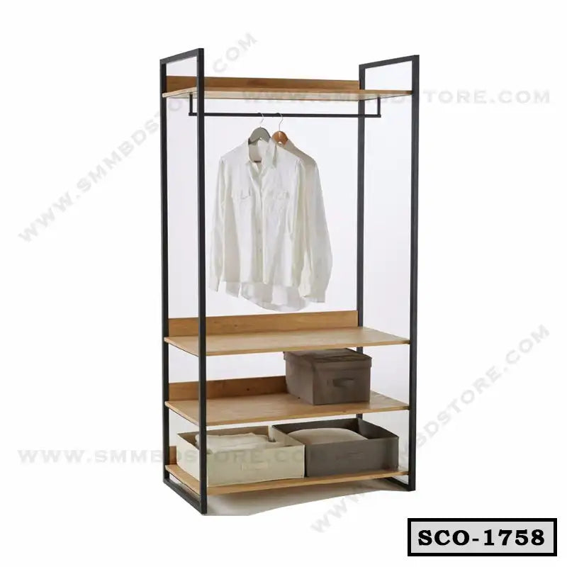 Standing closet organizer with black frame, wooden shelves, hanging rail, and storage boxes Main image