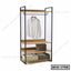 Standing closet organizer with black frame, wooden shelves, hanging rail, and storage boxes