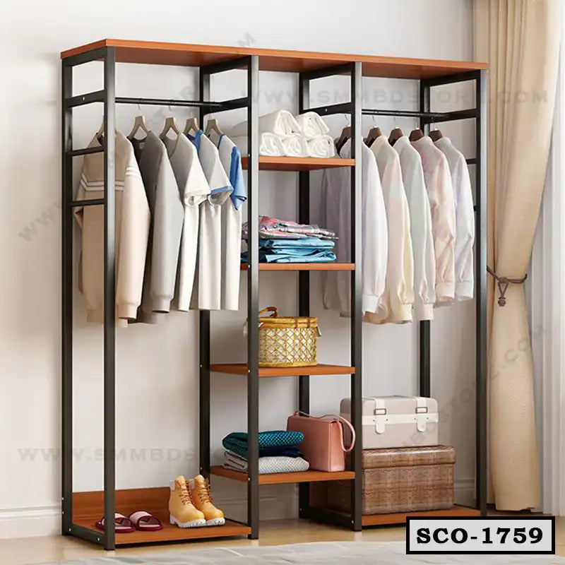 Modern standing closet organizer with hanging rods, shelves, clothes and storage baskets