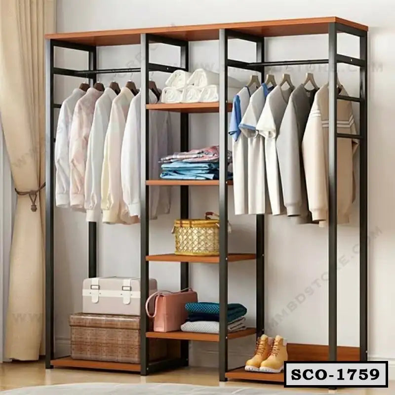 Standing closet organizer with shelves, hanging clothes, storage boxes, and shoes Main image