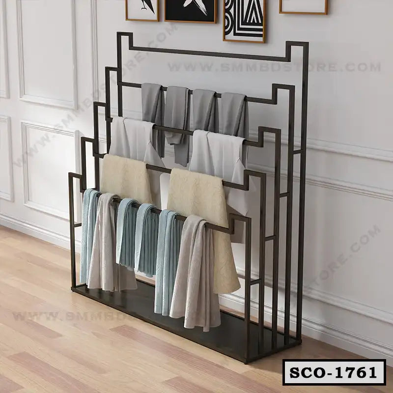 Modern standing closet organizer with multiple racks for hanging clothes and towels Main image