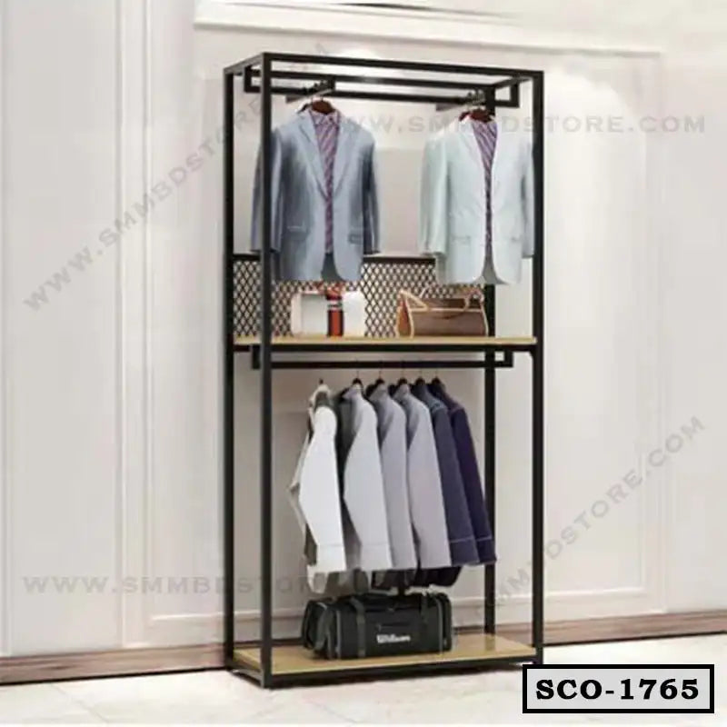 Standing closet organizer with metal frame, hanging clothes, shelves, and storage bag
