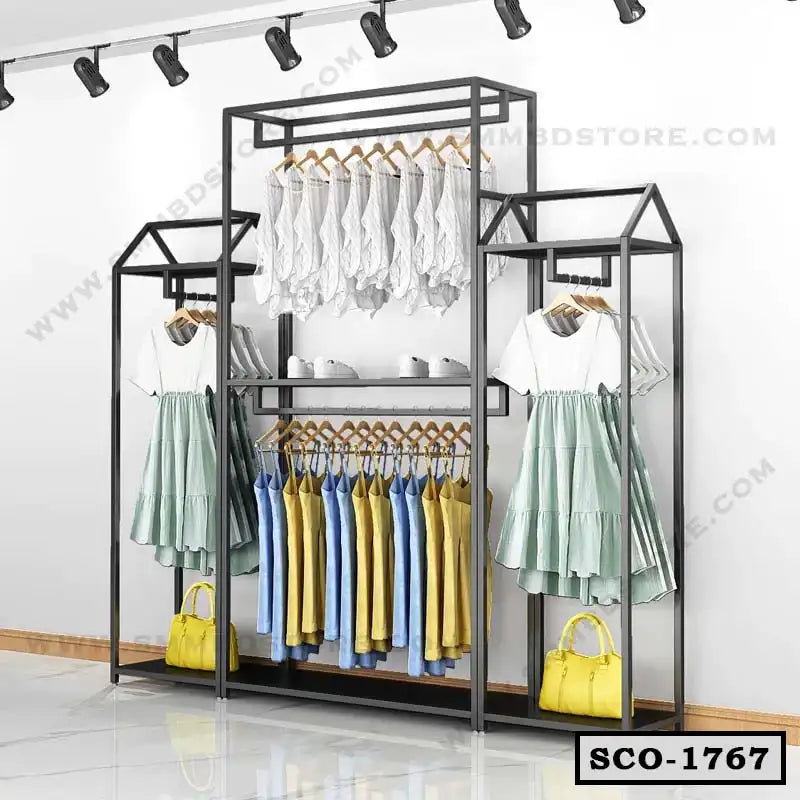 Modern metal standing closet organizer with hanging racks for clothes and storage shelves Main image