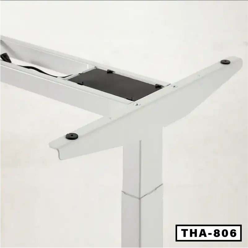 White adjustable standing desk metal frame, THA-806 model, close-up view