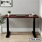 Modern standing computer desk with wood surface, black legs in minimalist home office